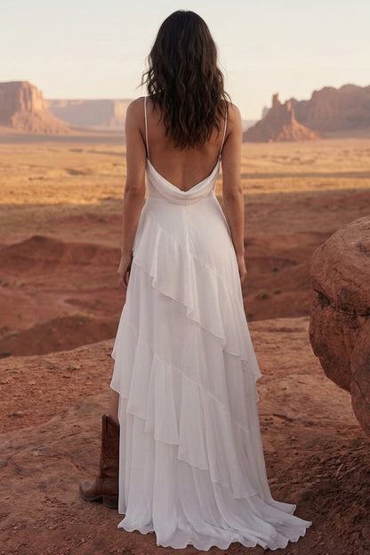 A Line Maxi Ivory Spaghetti Straps Beach Wedding Dress with Ruffles