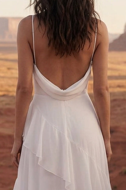 A Line Maxi Ivory Spaghetti Straps Beach Wedding Dress with Ruffles