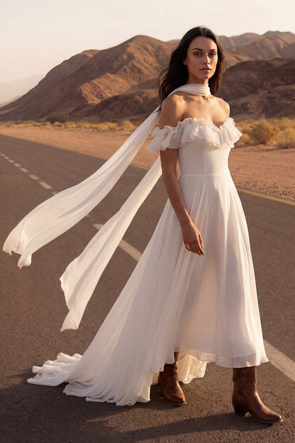 A Line Ivory Neck Scarf Ruffled Chiffon Beach Wedding Dress