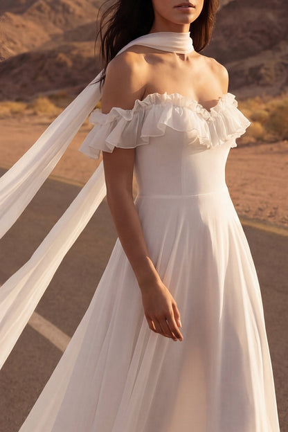 A Line Ivory Neck Scarf Ruffled Chiffon Beach Wedding Dress