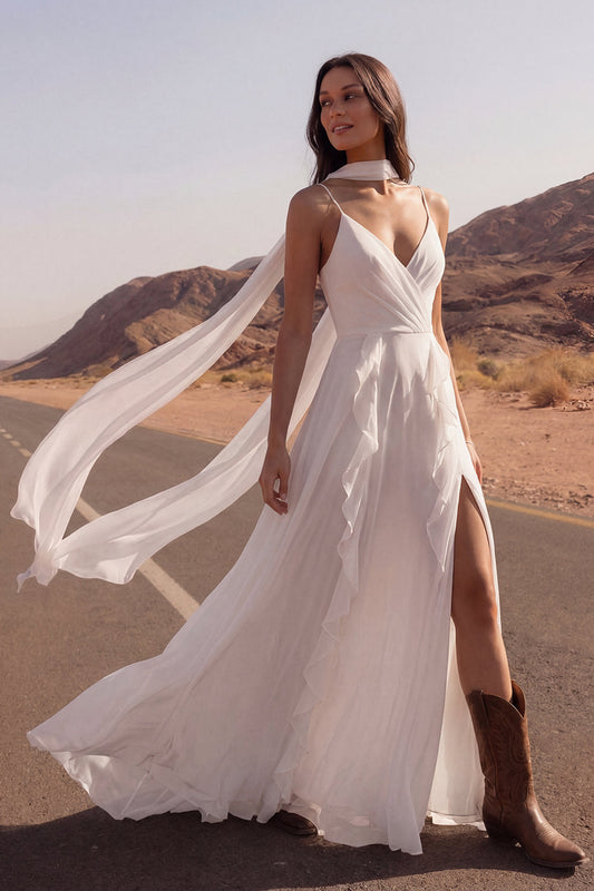 A Line Spaghetti Straps Ivory Maxi Beach Wedding Dress with Ruffles