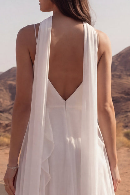 A Line Spaghetti Straps Ivory Maxi Beach Wedding Dress with Ruffles