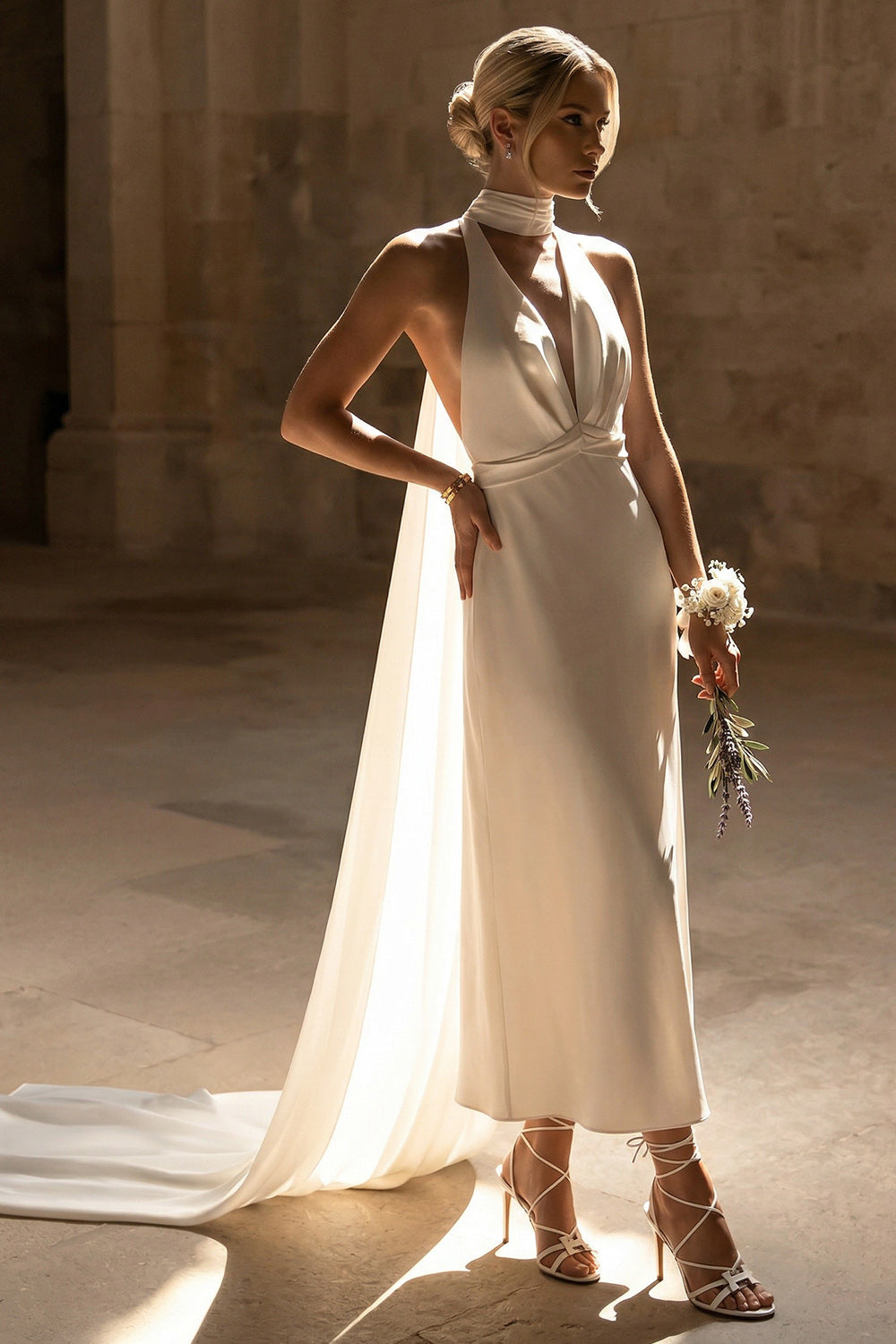 Sheath White Neck Scarf Maxi Beach Wedding Dress