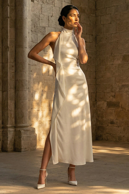 White High Neck Sheath Maxi Beach Wedding Dress