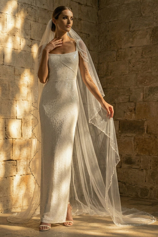 Sparkly White Beaded Sheath Maxi Sequin Wedding Dress