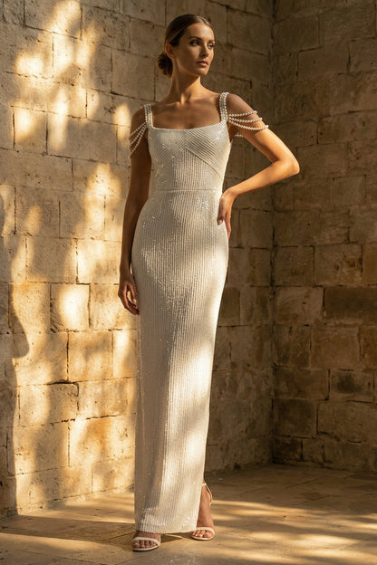 Sparkly White Beaded Sheath Maxi Sequin Wedding Dress