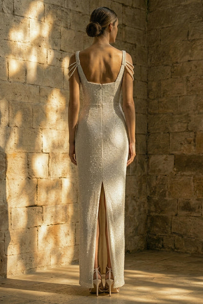 Sparkly White Beaded Sheath Maxi Sequin Wedding Dress