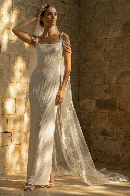 Sparkly White Beaded Sheath Maxi Sequin Wedding Dress