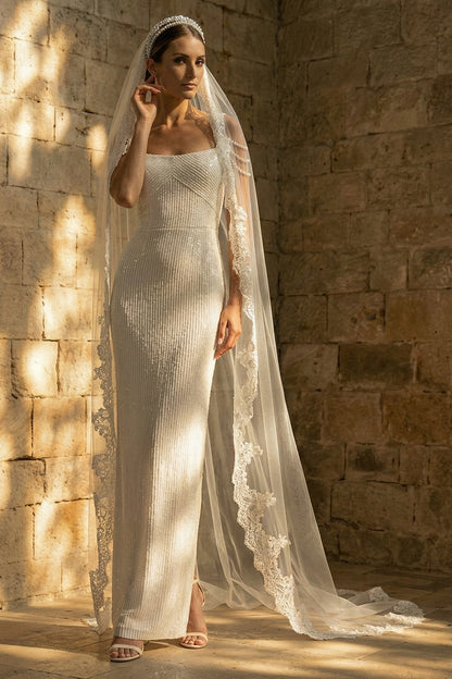 Sparkly White Beaded Sheath Maxi Sequin Wedding Dress