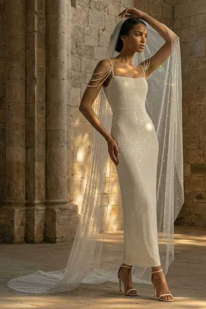 Beaded Sheath Maxi Sparkly White Sequin Wedding Dress