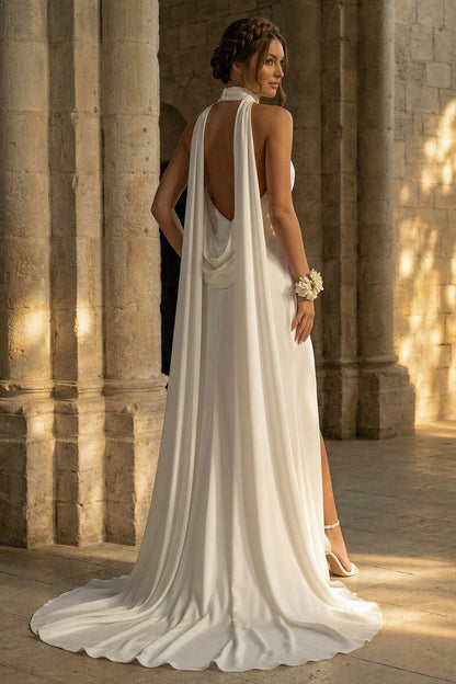 White Mermaid High Neck Ruched Maxi Beach Wedding Dress with Slit