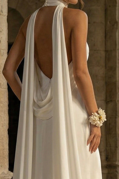 White Mermaid High Neck Ruched Maxi Beach Wedding Dress with Slit