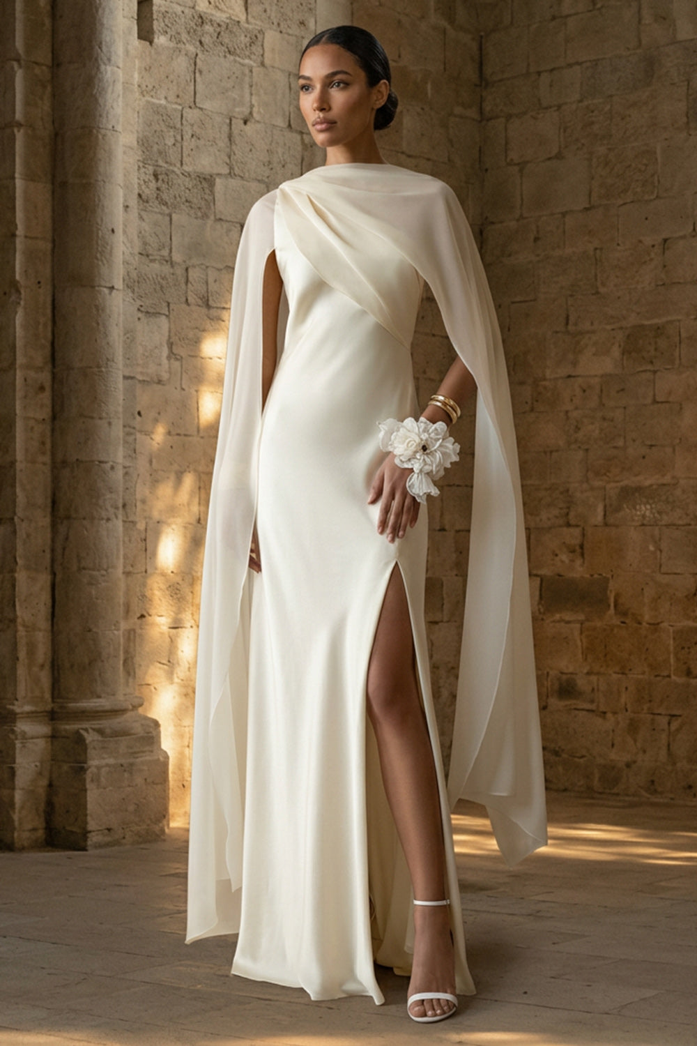 White Maxi Sheath Beach Wedding Dress with Cape