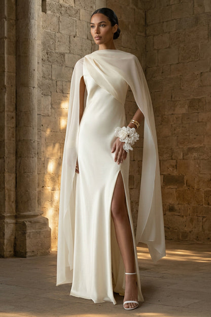 White Maxi Sheath Beach Wedding Dress with Cape