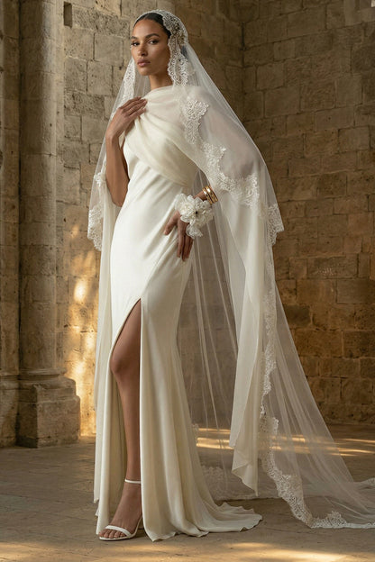 White Maxi Sheath Beach Wedding Dress with Cape