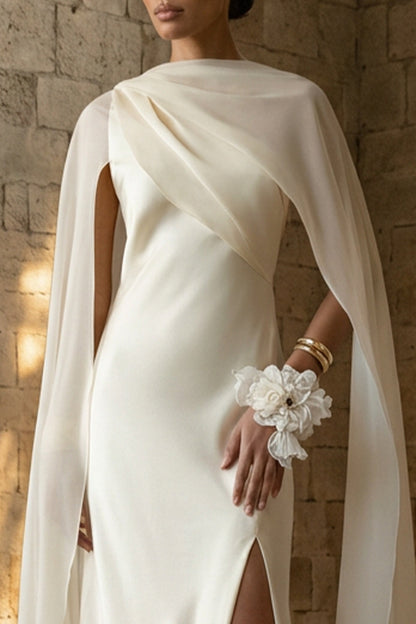 White Maxi Sheath Beach Wedding Dress with Cape