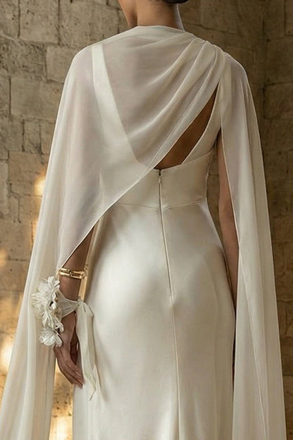 White Maxi Sheath Beach Wedding Dress with Cape