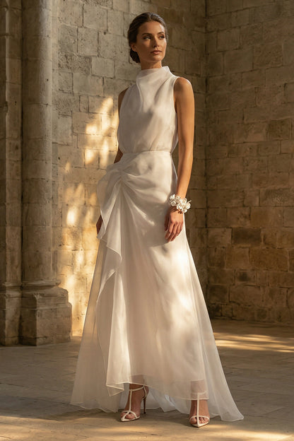 Sheath Maxi High Neck Ruched Beach Wedding Dress