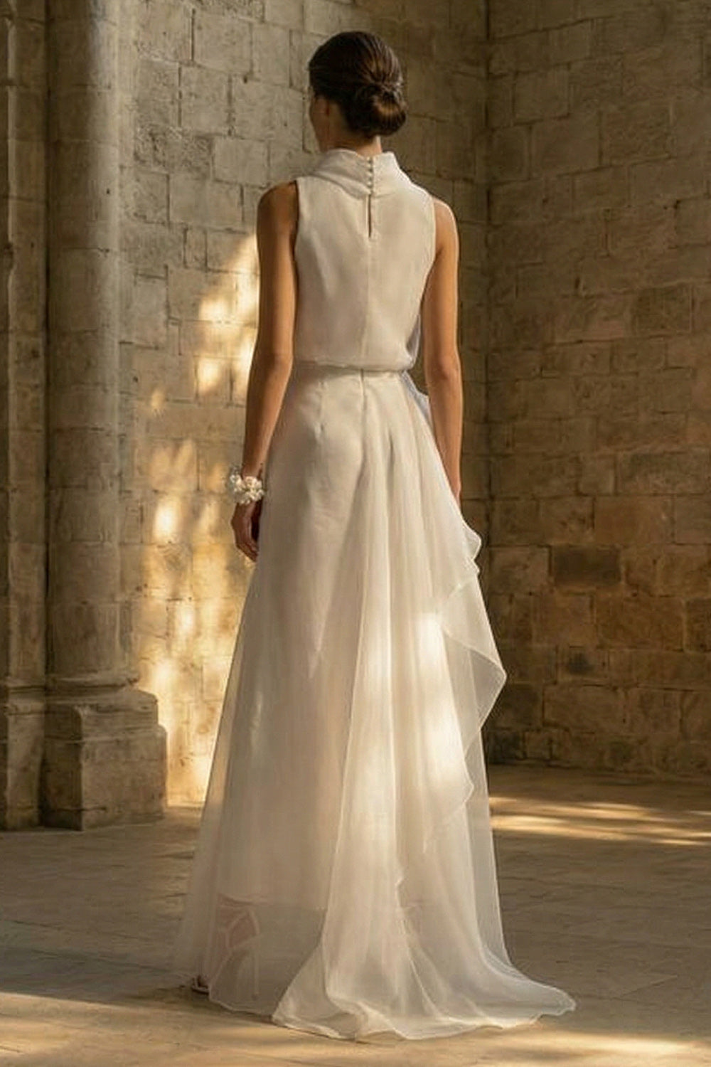 Sheath Maxi High Neck Ruched Beach Wedding Dress