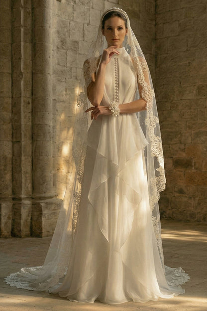 Maxi High Neck A Line White Beach Wedding Dress with Ruffles
