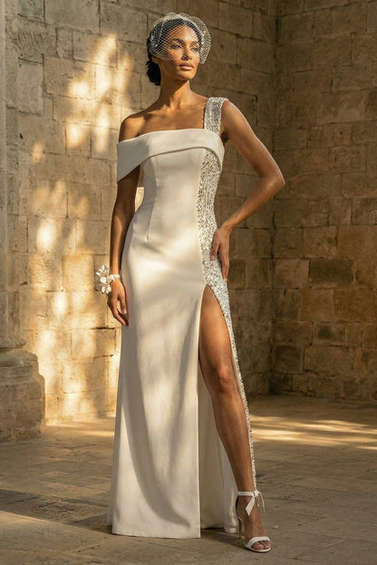 Sheath Maxi White Beaded Beach Wedding Dress with Slit