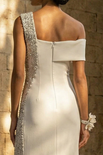 Sheath Maxi White Beaded Beach Wedding Dress with Slit