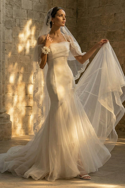 Mermaid Sweep Train White Boho Wedding Dress