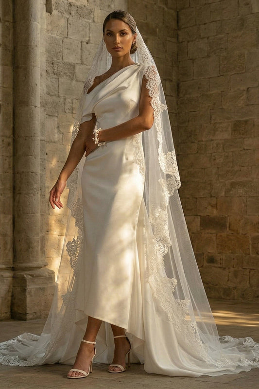 White High Low One Shoulder Beach Wedding Dress with Cape