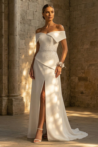 Sheath Beaded White Maxi Boho Wedding Dress with Slit