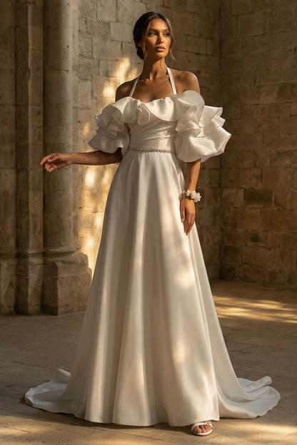 White Ruffled Sweep Train Halter Backless Boho Wedding Dress