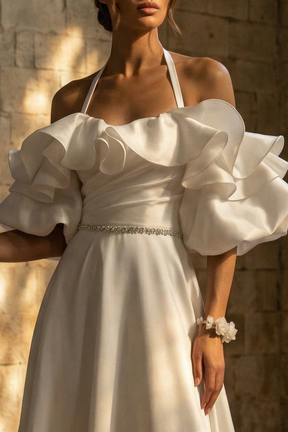 White Ruffled Sweep Train Halter Backless Boho Wedding Dress