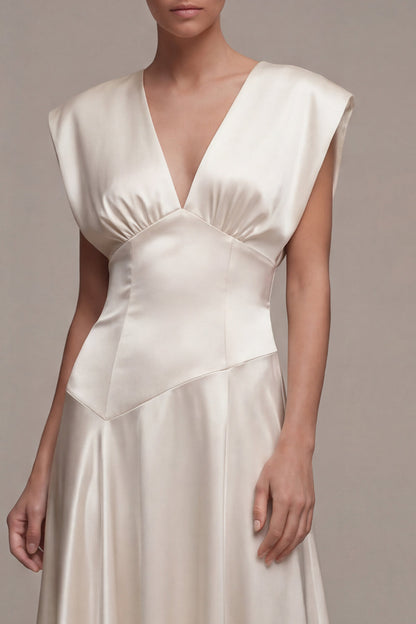 Simple A Line V-Neck Maxi Ivory Beach Wedding Dress