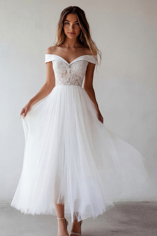 A Line Floral White Maxi Beach Wedding Dress with Lace