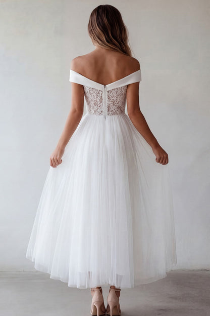 A Line Floral White Maxi Beach Wedding Dress with Lace