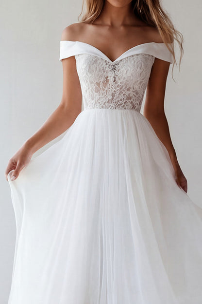 A Line Floral White Maxi Beach Wedding Dress with Lace