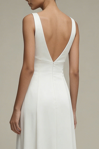 Simple A Line White V-Neck Maxi Beach Wedding Dress