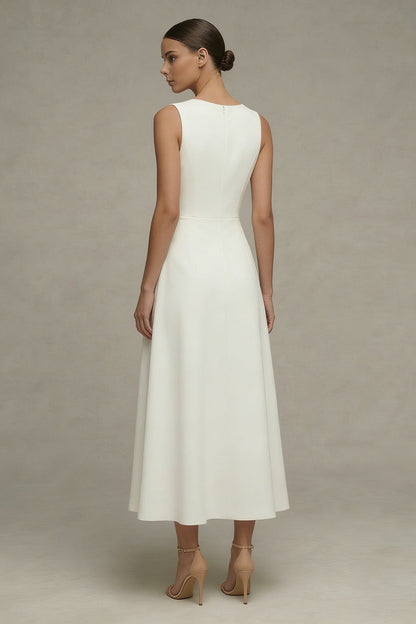 Simple White A Line Round Neck Maxi Beach Wedding Dress