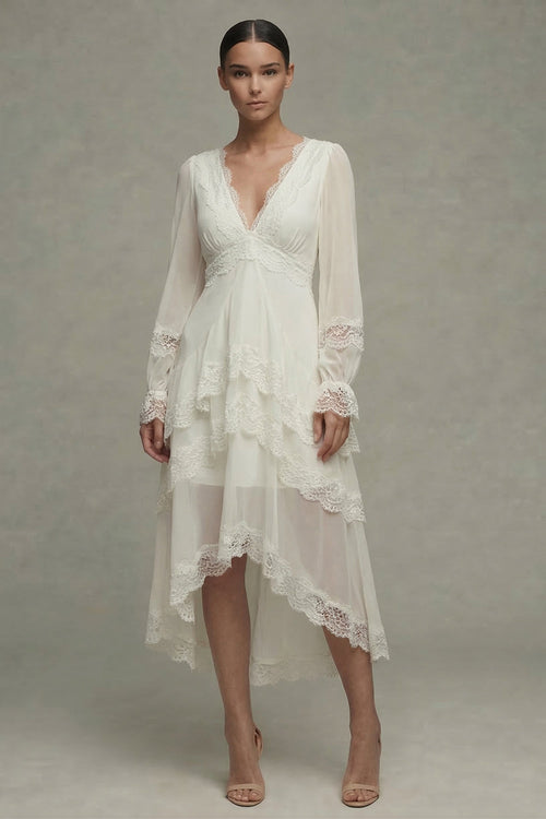 White A Line V-Neck Asymmetrical Ruffled Beach Wedding Dress with Lace