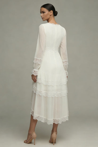White A Line V-Neck Asymmetrical Ruffled Beach Wedding Dress with Lace