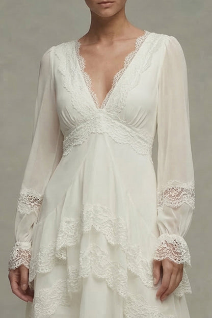 White A Line V-Neck Asymmetrical Ruffled Beach Wedding Dress with Lace