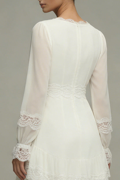 White A Line V-Neck Asymmetrical Ruffled Beach Wedding Dress with Lace