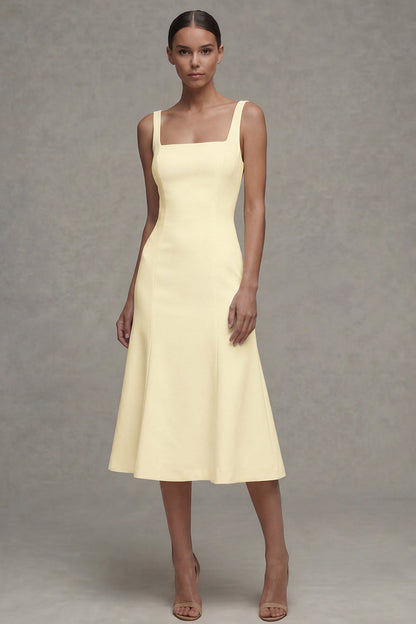 Square Neck Midi White A Line Beach Wedding Dress