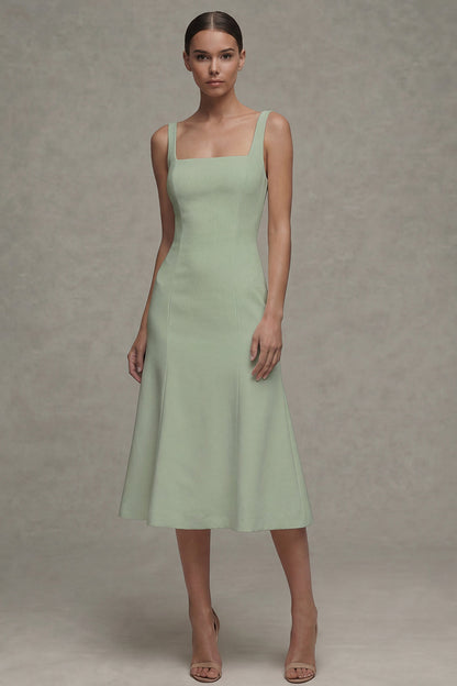 Square Neck Midi White A Line Beach Wedding Dress