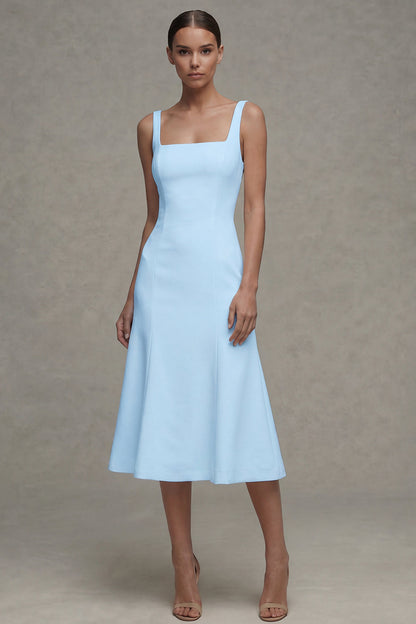 Square Neck Midi White A Line Beach Wedding Dress
