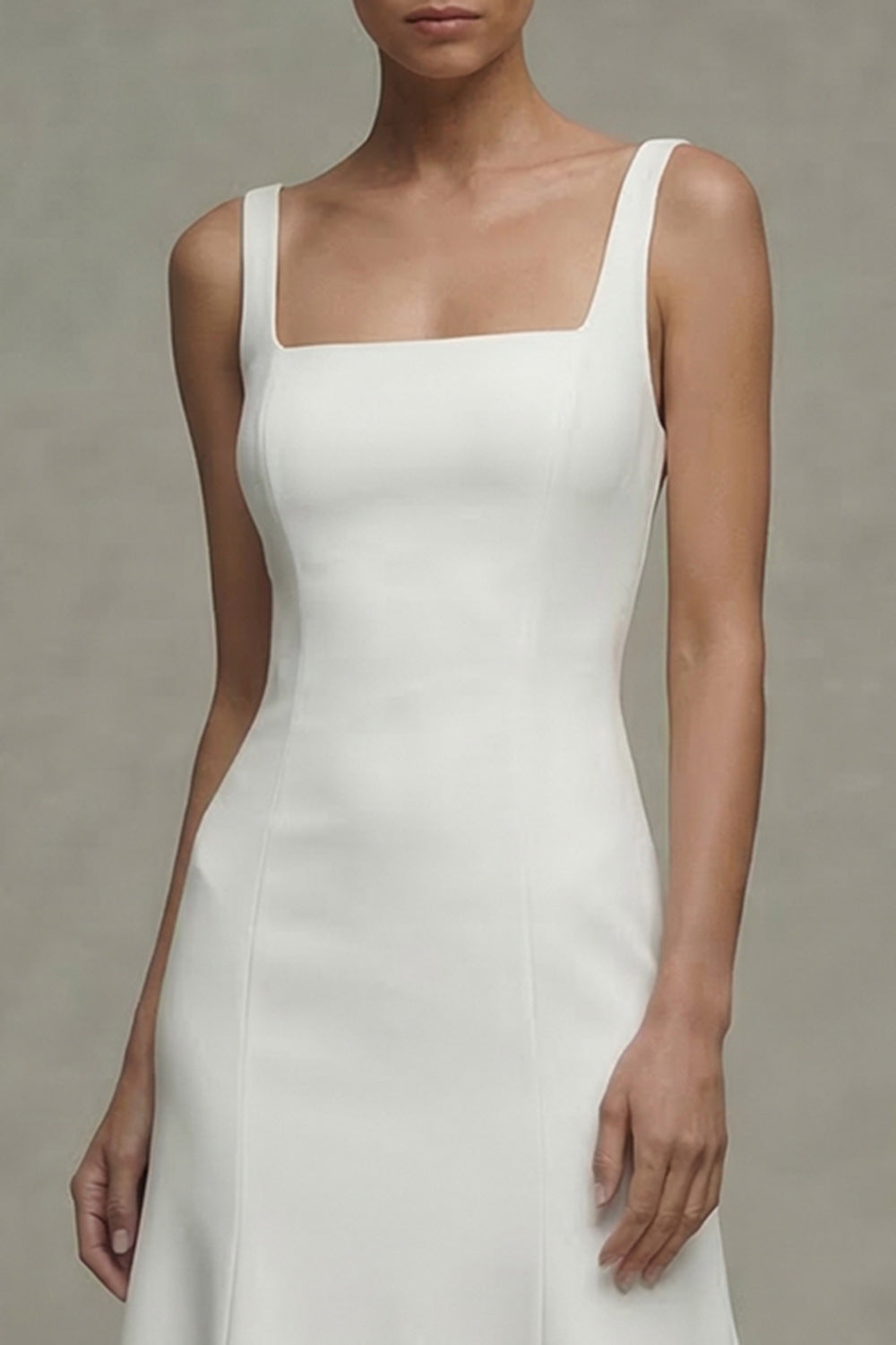 Square Neck Midi White A Line Beach Wedding Dress