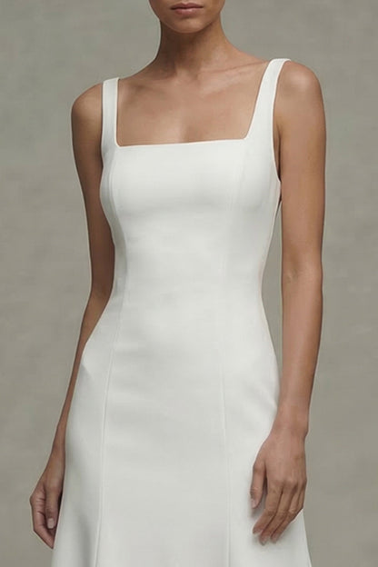 Square Neck Midi White A Line Beach Wedding Dress