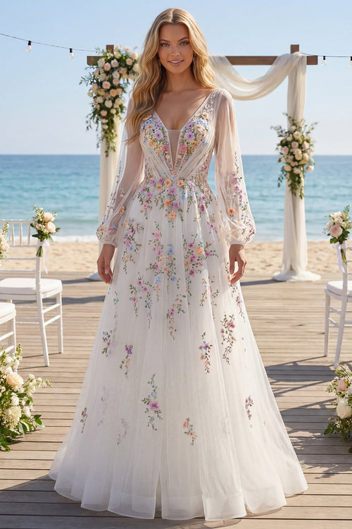 Long Sleeves Floral Ruched V-Neck White A Line Floor Length Wedding Dress