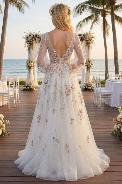 Long Sleeves Floral Ruched V-Neck White A Line Floor Length Wedding Dress