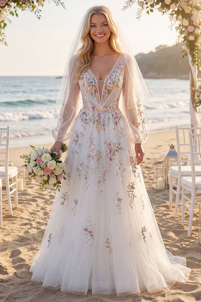 Long Sleeves Floral Ruched V-Neck White A Line Floor Length Wedding Dress