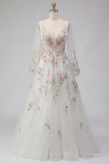 Long Sleeves Floral Ruched V-Neck White A Line Floor Length Wedding Dress